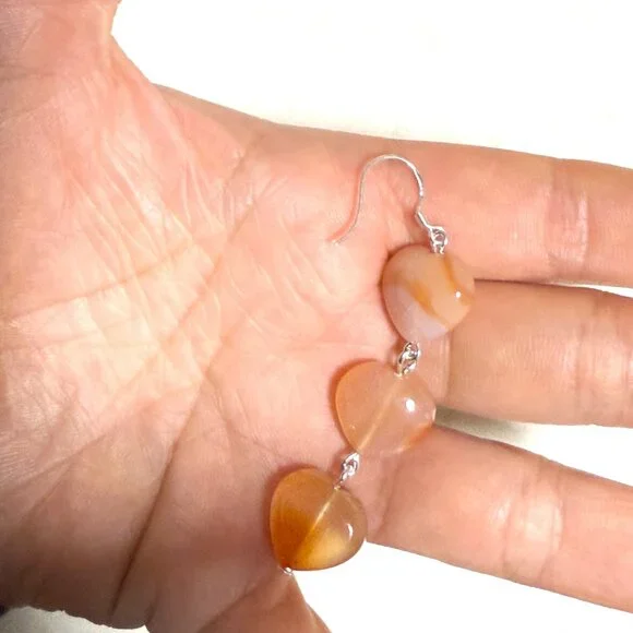 2/$20, Genuine Orange Agate Stone Heart Silver Dangle Earrings - Picture 10 of 11